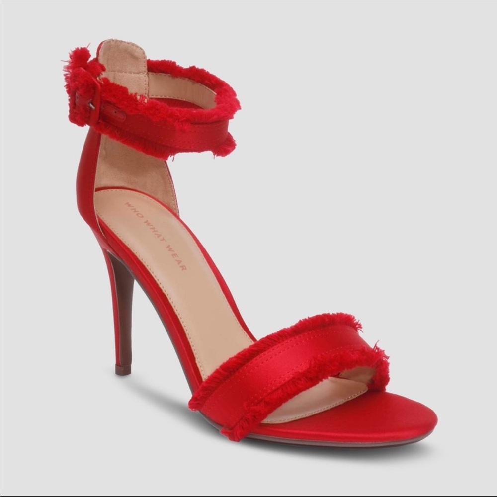 Who What Wear Red Frayed Ankle Strap Stiletto Heels